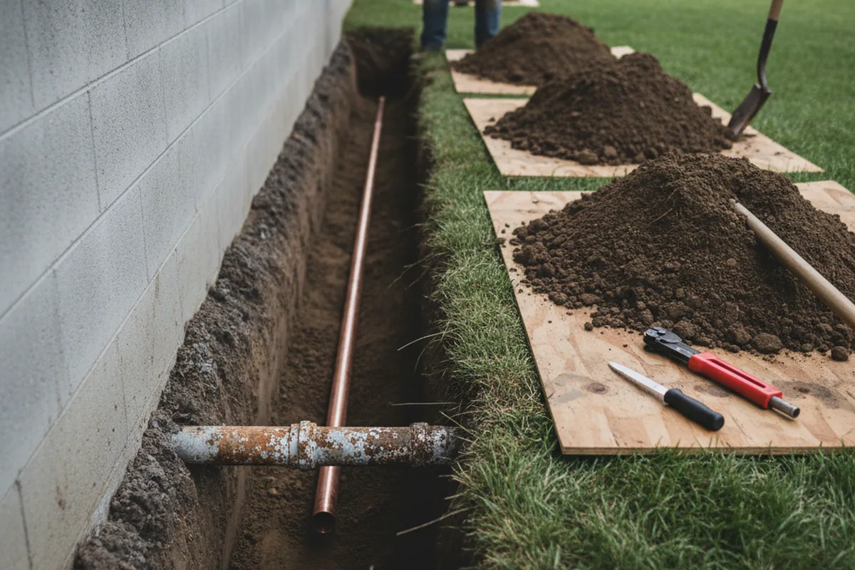 Excavated water line trench during Sewer Line Repair in Silver Point